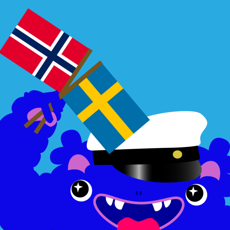 Mussila Monster holding flags of Norway and Sweden