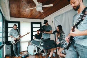 A rock band rehearsal at home