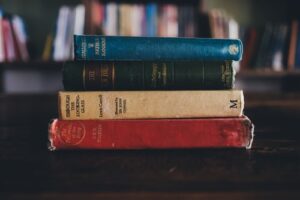 A stack of books in a library