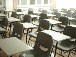 An empty classroom of desks