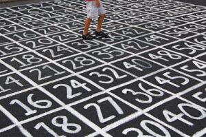 A series of numbers in squares written in chalk on the ground